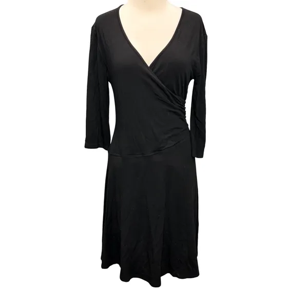 Garnet Hill Brianna Faux Wrap Knit‎ Dress Womens Size M Black Surplice Feminine - Image 2