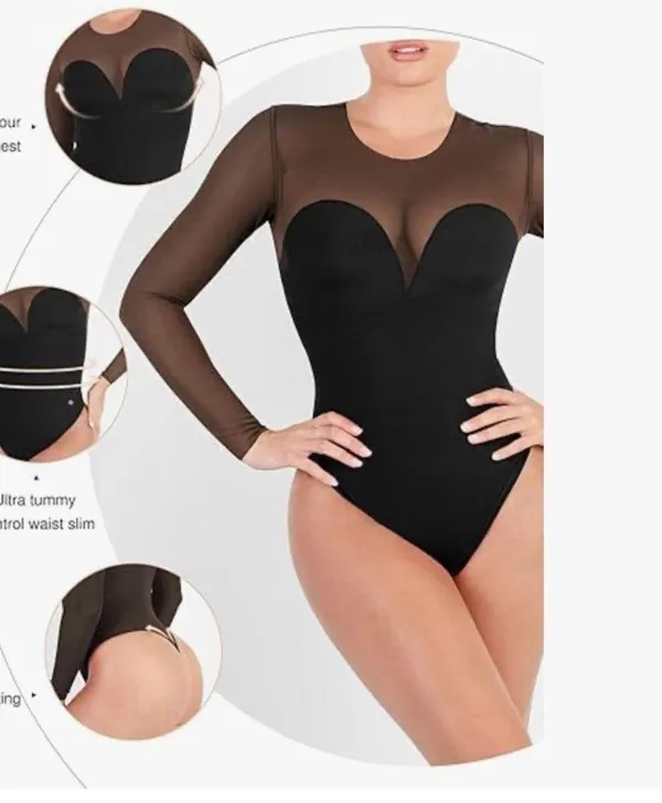 Popilush Sheer Mesh Shapewear Long Sleeve Thong Bodysuit - Image 5