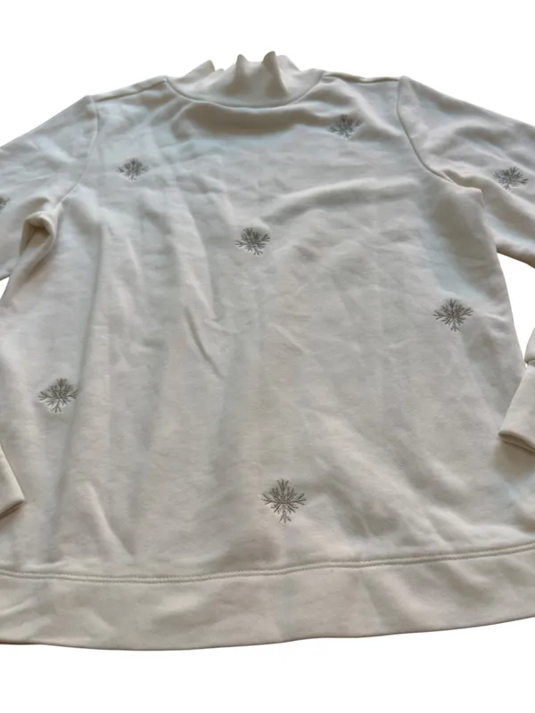 LOFT Ivory Snowflake Embroidered Mock Neck Sweatshirt Winter Cozy Small in GUC - Image 5