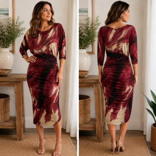Alice + Olivia Dress Wmn M Burgundy Abstract Ruched Dolman Midi Artistic Modern - Image 2