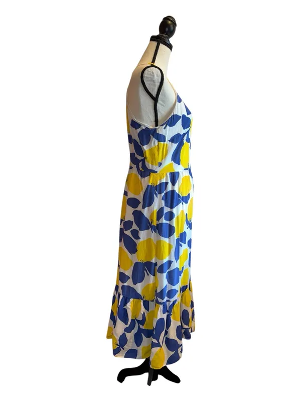 LOFT 10 Lemon Midi Dress Yellow Blue back zipper keyhole ruffles linen blend - Image 4