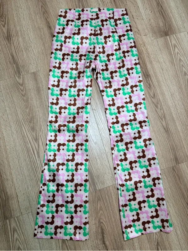 Retro Flower Power Flared Pants Pink Green Brown Daisy Print Y2K 70s S - Image 2