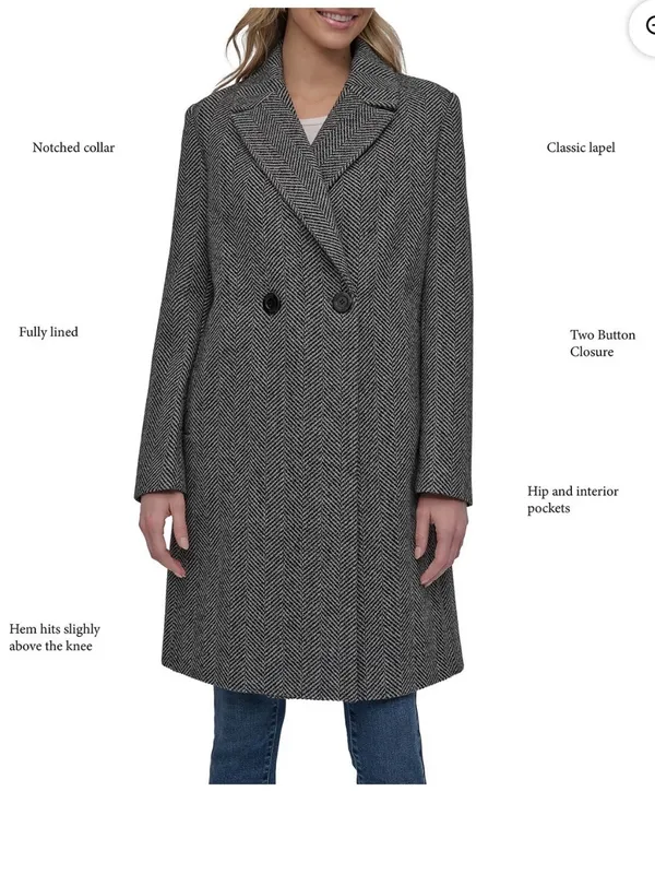 DKNY Women's HerringboneDouble Breasted Wool Blend Coat Medium New - Image 3