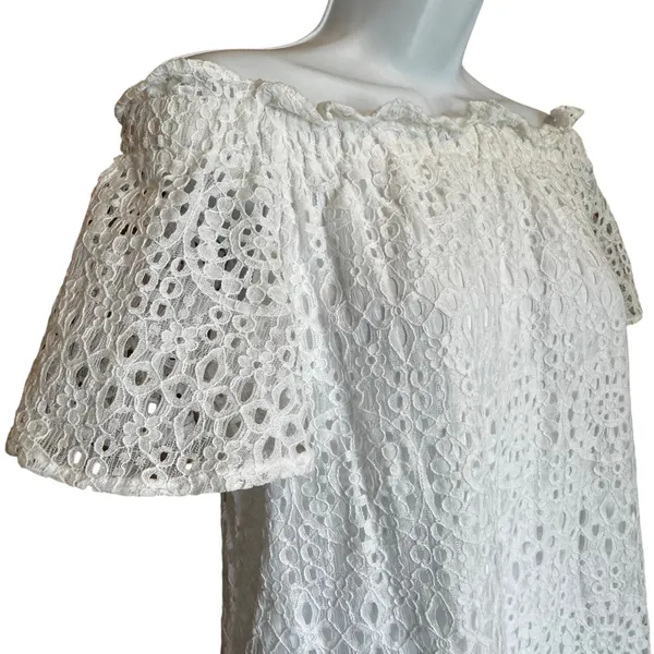 Eyelet Lace Off Shoulder Dress S Ruffle‎ Cottagecore Coastal Grandmother Boho - Image 3
