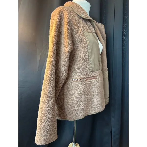 Fashion Tan Brown Sherpa Fleece Jacket Snap Button Front Size M 7078 - Image 2