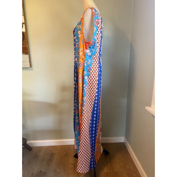 Patchwork Floral Print Maxi Dress coverup Sleeveless Blue Orange boho whimsigoth - Image 2