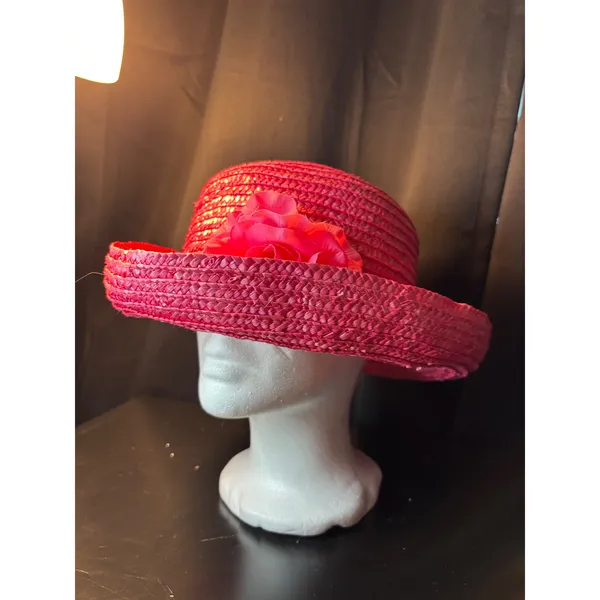 Vintage Magenta Pink Straw Sun Hat Wide Brim Floral‎ Ribbon Accent Summer Beach - Image 3