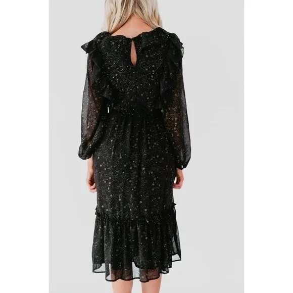 BY THE RIVER Chiffon Midi Dress Ruffled Black Gold Stars Party Glam Star Small‎ - Image 8