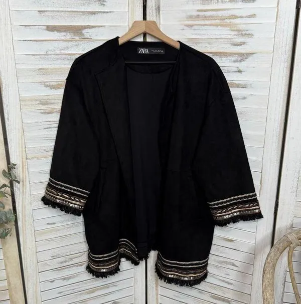 ZARA Women's L Combination Faux Suede Embroidered Jacket Boho Western Black - Image 2