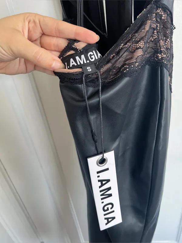 I AM GIA • Astora Maxi Dress black faux leather illusion lace plunge halter sexy - Image 5