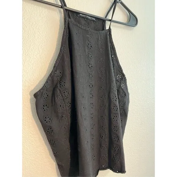 Brandy Melville Black Eyelet Halter Top Cropped Cotton Floral‎ Boho Tank - Image 3