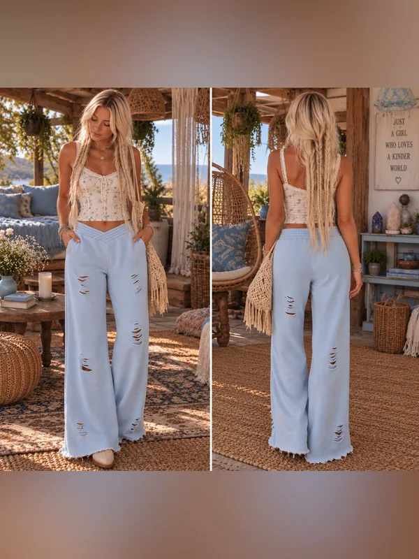 Vintage Havana Est 1954 Distressed Powder Blue Flare Sweatpants - Image 2