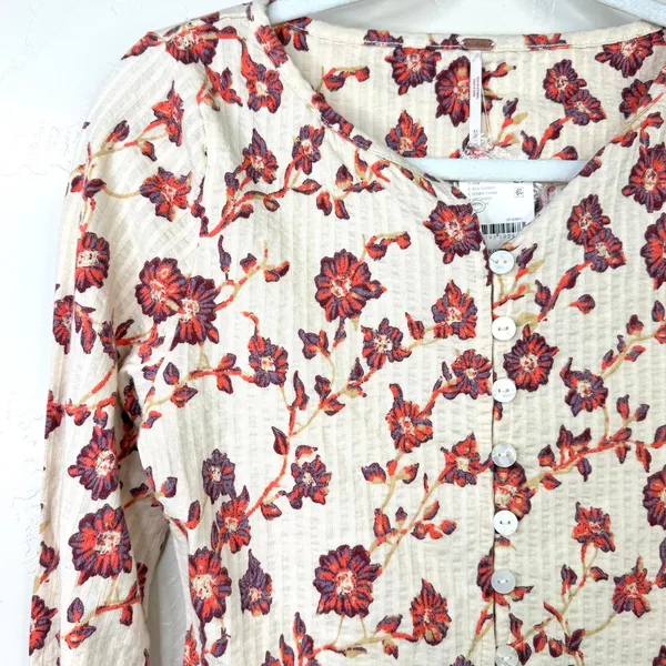 NEW Free People Tilly Tea Combo Ivory Floral Button Front Cotton Long Sleeve Top - Image 6