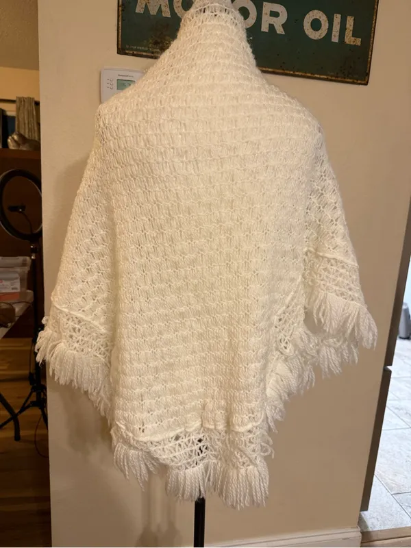 Vintage Acrylic Made In Japan Crochet Open Weave White Poncho Fringe Boho Large - Image 5