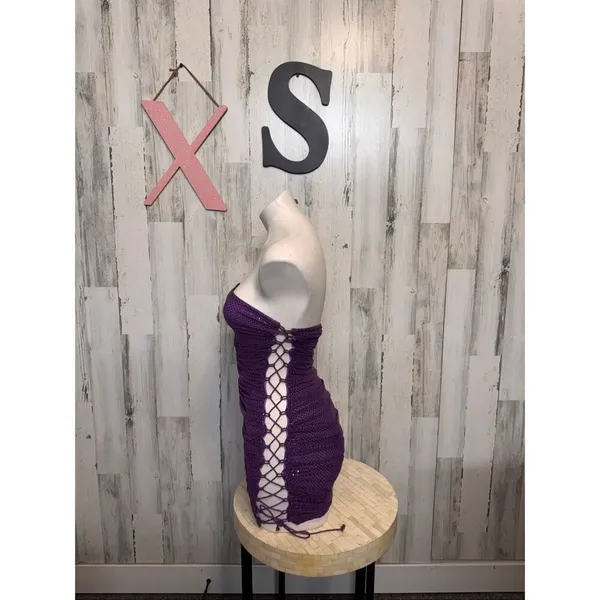 Purple Sequin Bodycon Mini Dress XS Strapless Lace Up Side Party Club - Image 5