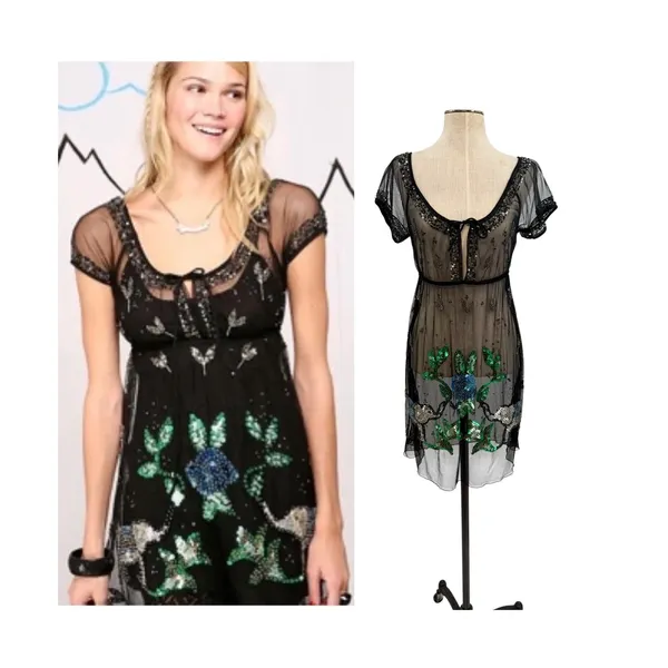 Free People Sequined Elephant Sheer Mesh Mini Dress Black‎ Embellished Size 2 - Image 2