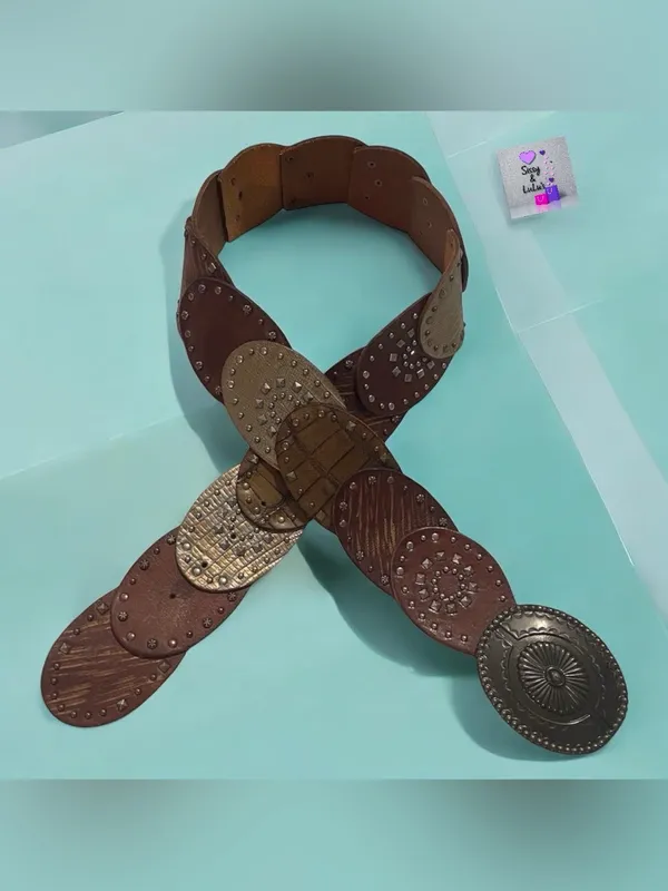 Wide Patchwork Belt Womens Multicolor Studded Concho Buckle Western 38in - Image 5