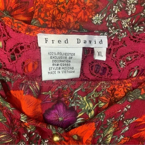 Fred David Women's XL Red Floral Sheer 3/4 sleeves Blouse Dainty Lace‎ Neckline - Image 8