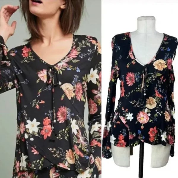Anthropologie Farm‎ Rio Top Blouse Long Sleeve Jersey Floral Print Black Size XS - Image 2