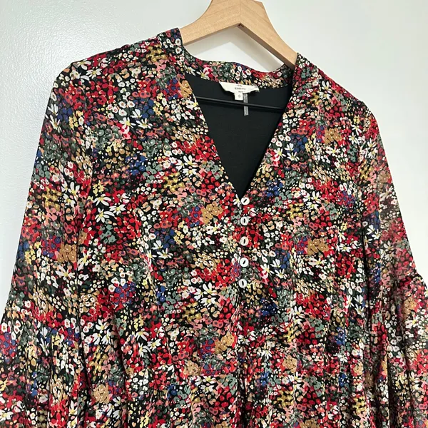 ENTRO | Floral V Neck‎ Button Front Long Balloon Sleeve Chiffon Mini Dress, S - Image 3
