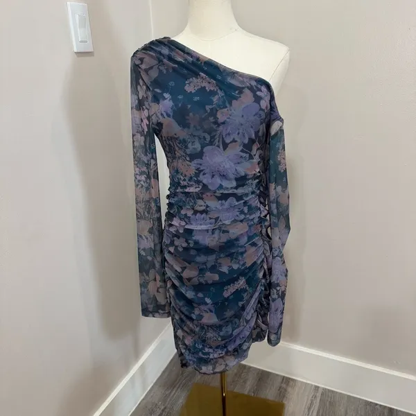 Free People Womens Chole Blue Mesh Floral Print Shirred Sheath Dress Medium‎ - Image 2