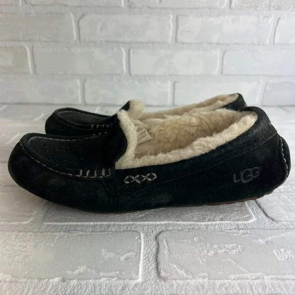 UGG‎ Ansley Moc Slippers Womens 9 Black Suede Sheepskin Slip On Cozy Loafer - Image 7