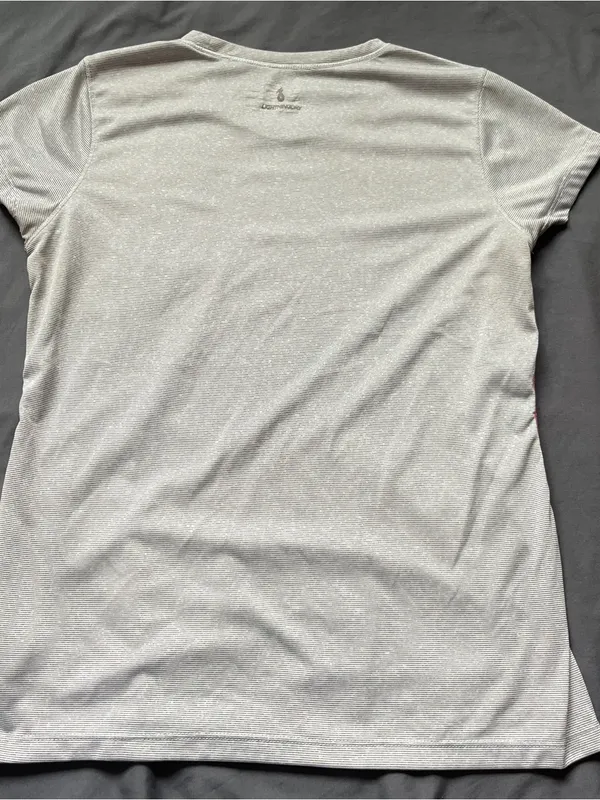 New Balance Short Sleeve Shirt Top Womens Medium Performance NB Grey Stripe Pink - Image 3