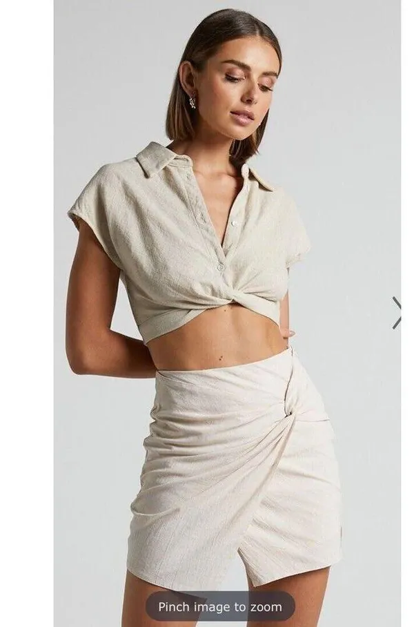 Showpo Kiandra Wrap Mini Skirt Womens Sz 4 Beige Knot Detail Side Zip Lined NWT - Image 14