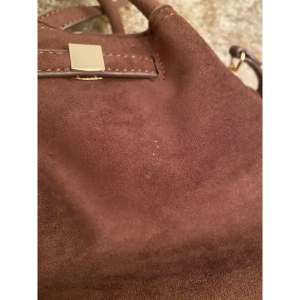 Chic Brown Faux Suede Crossbody Bag Gold Accents Minimalist Top Handle Satchel - Image 5