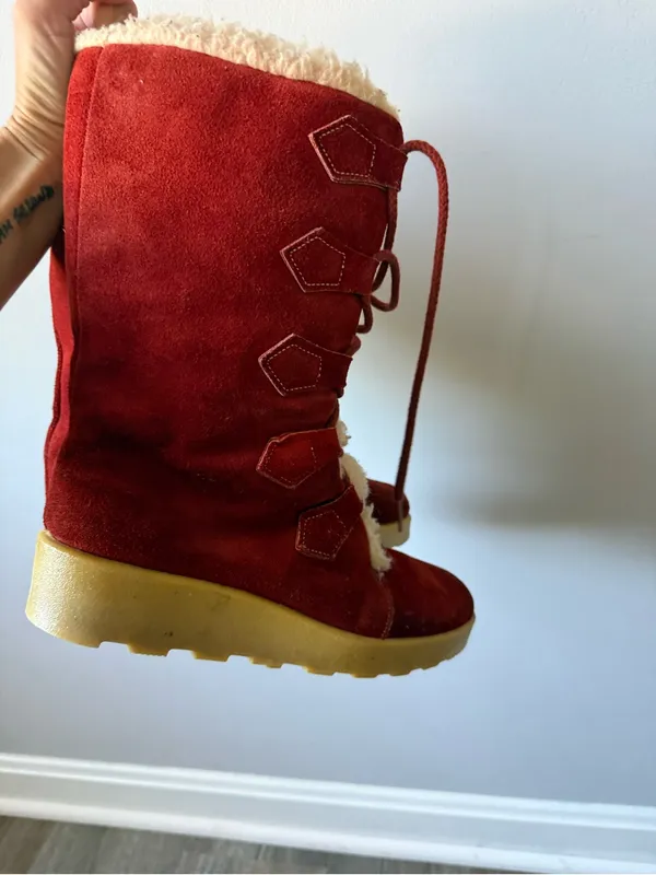 American Vintage Vintage 70s Leather Sherpa Wedge Chunky Eskimo Boots Red Teddy Winter Boots 8 - Image 6