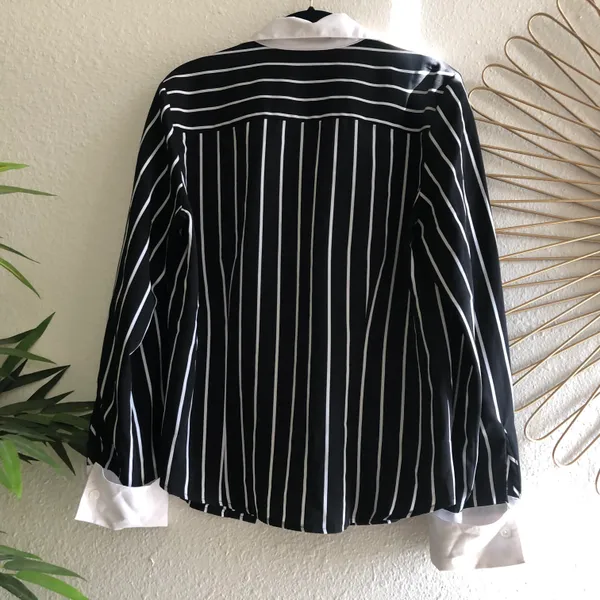 Black and white striped button up down long sleeve lightweight loose flowy shirt - Image 2