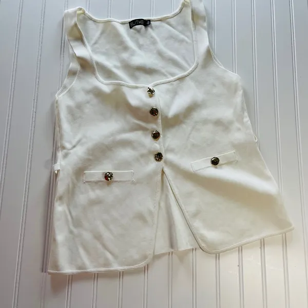 Blithe Anthropologie Knit Vest Ivory Gold Button Square Neck Back Tie Top L White Size L - Image 2