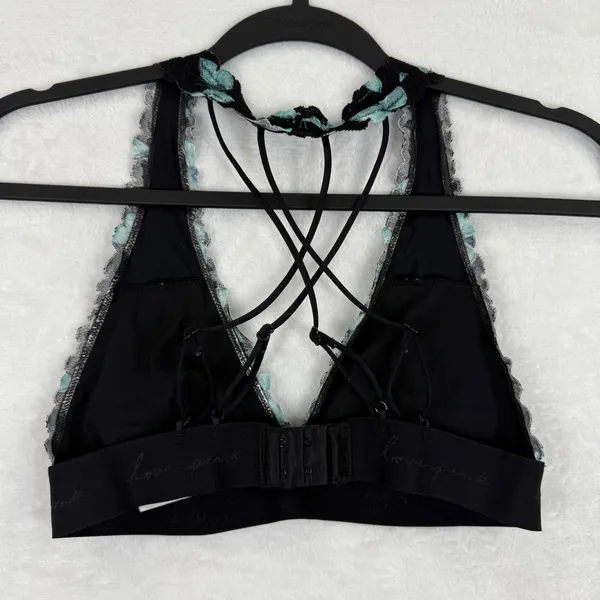 PINK Victoria's‎ Secret Black Teal Butterfly Lace Strappy Back Bralette Small - Image 10