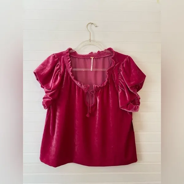 Free People Velvet Barbiecore Pink Puff Sleeve Terese Blouse - Image 2