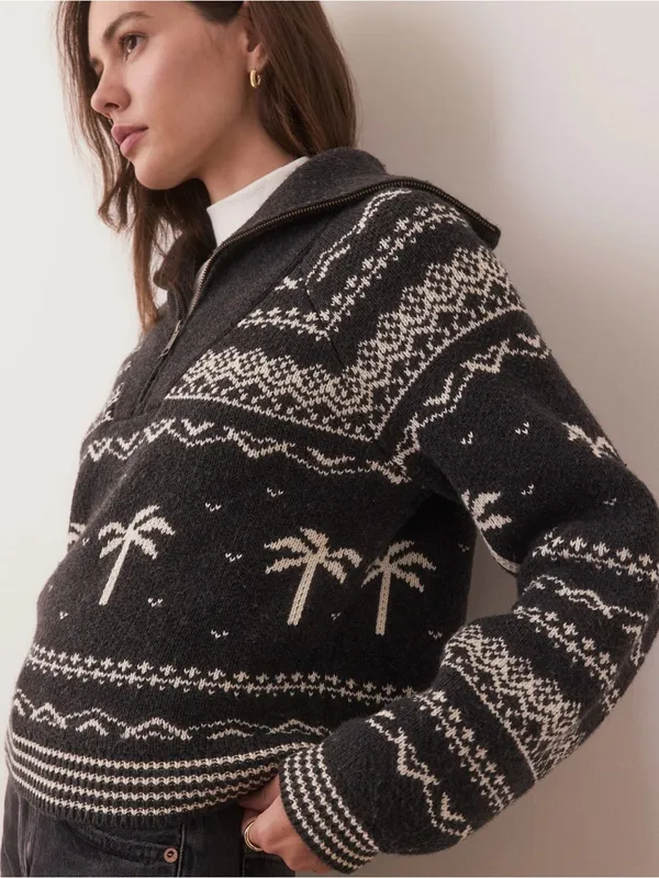 Marine Layer NWOT Whitney Quarter Zip Sweater L Palm Tree Fair Isle Après Ski - Image 4