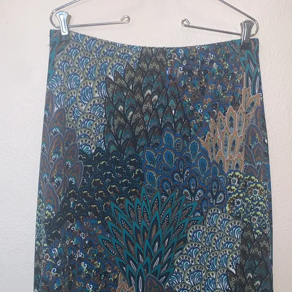 Miss Ashley Peacock Print Ruffle Bottom Stretchy Maxi Office Skirt - Image 2