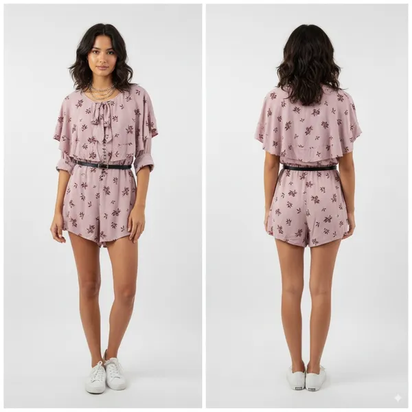 Free People Stealing Kiss Mauve Floral Romper Ruffle Flutter Sleeve‎ Tie Front M - Image 2