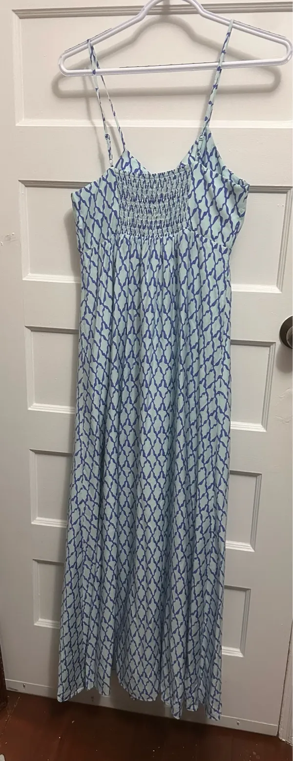 Vineyard Vines Blue Geo Print V-Neck Smocked Sleeveless Maxi Dress Size S - Image 2