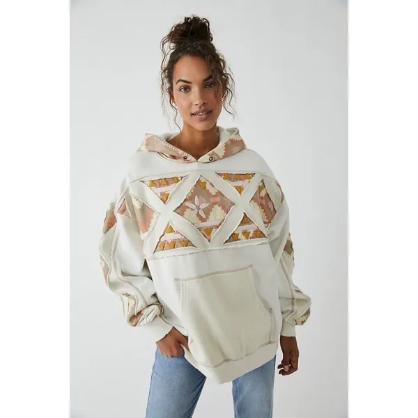 Free People Nordic "It's a Vibe"‎ Hoodie XS cream Aztec Embroidered Oversized - Image 11