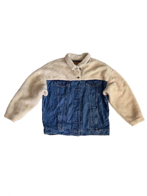 American Eagle Cream Sherpa & Denim Trucker Jacket L  - Image 2