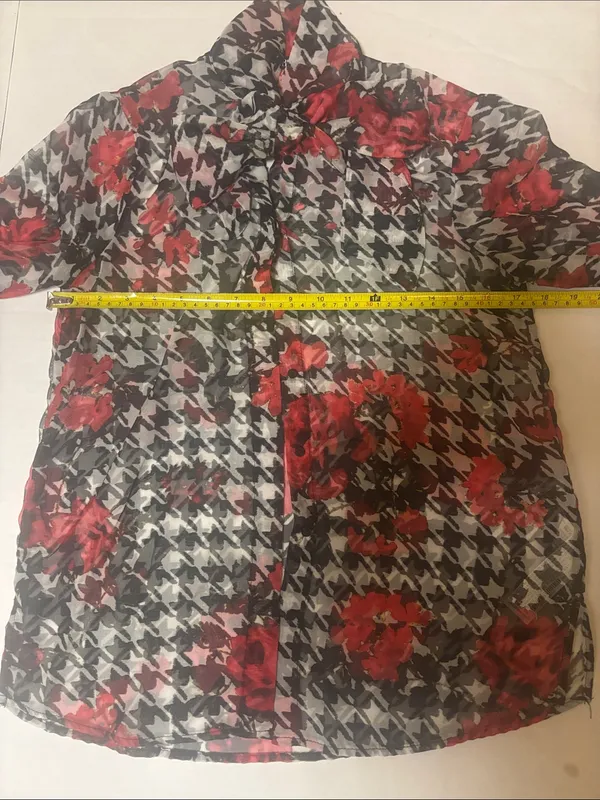 Zara Roses Print Houndstooth Semi-Sheer Blouse with Red Floral Print XS Floral - Image 6