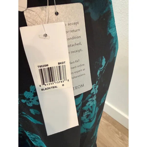 London Times Teal Black Floral Smocked Maxi Dress Puff Sleeve T6020M NWT Size 8 - Image 6