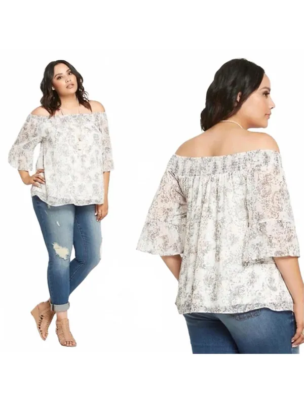 Torrid Gray and Pink Paisley Off Shoulder Flutter Sleeves Blouse Size 0 (12) - Image 2