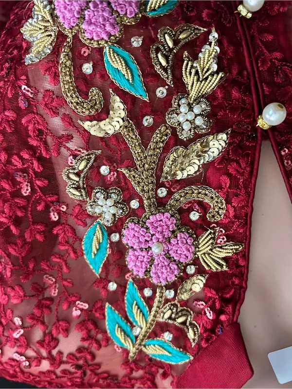 Embroidered Red Lace Fit-and-Flare Women's Dress MD - Image 9