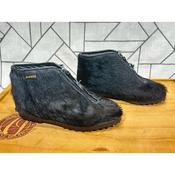 BLONDO Vintage Fur Booties Zipper Waterproof Low Lug Black Womens Size 6‎ - Image 2