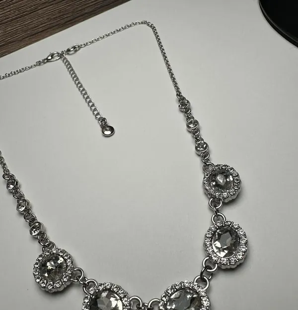 Roman Clear Rhinestone Silver Tone Necklace Signed RMN Adjustable Length - Image 7