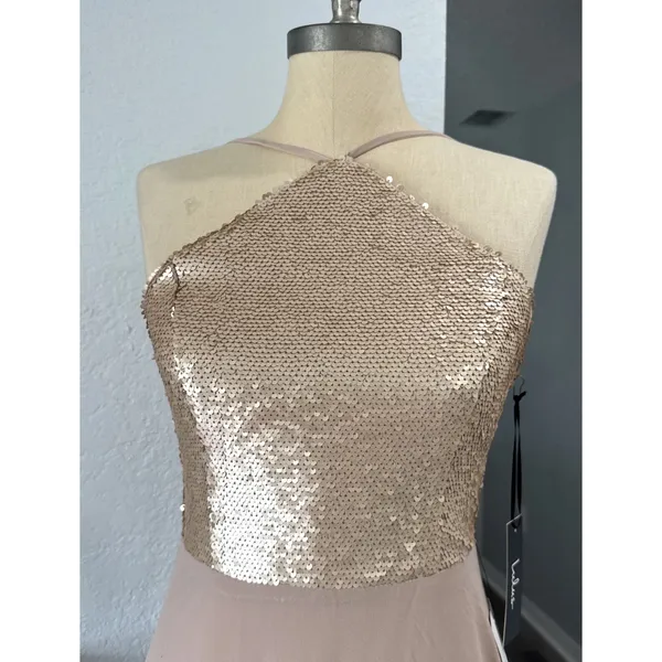 Lulus Maxi Dress XS Blush Tan Halter Sequined Top Chiffon Gown Party Bridesmaid - Image 2