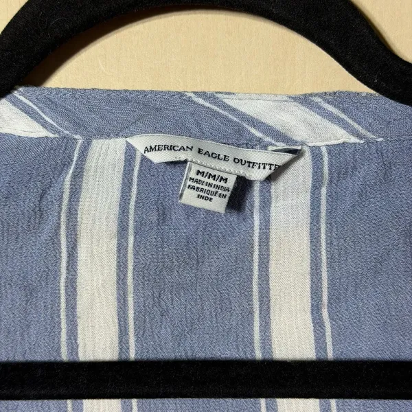American Eagle Outfitters Women M Blue White Striped Ruffle Lace Up Blouse Boho - Image 3