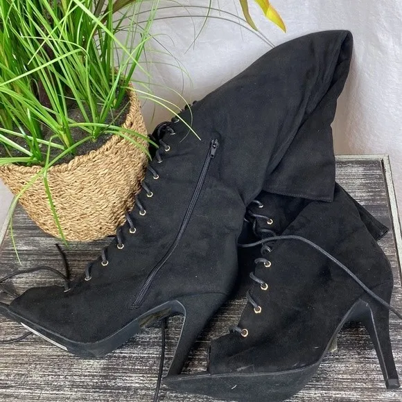 FTF Nadia Black Faux Suede Lace Up Thigh High Heel Boots 11 Wide - Image 7