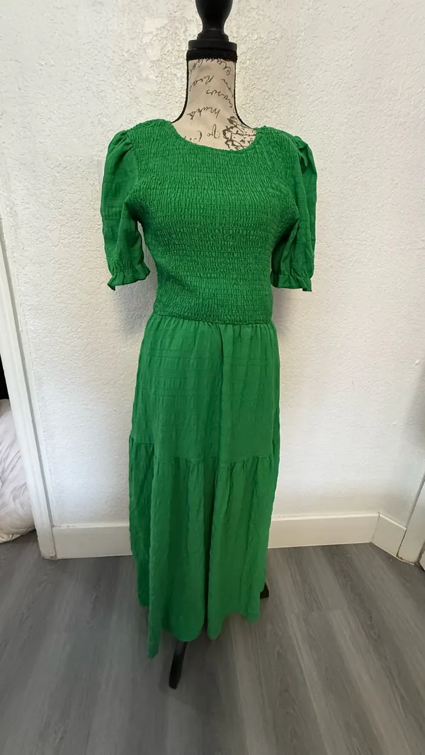 Boho Green Smocked Maxi Dress - Puff Sleeve Tiered Long Dress - Size S - Image 5
